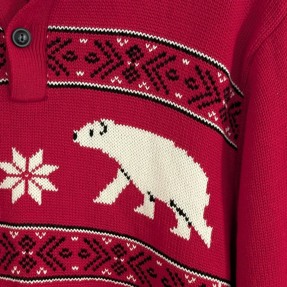 Chaps Men's Holiday Henley Sweater LARGE Cotton Winter Christmas Soft‎ Bears Red